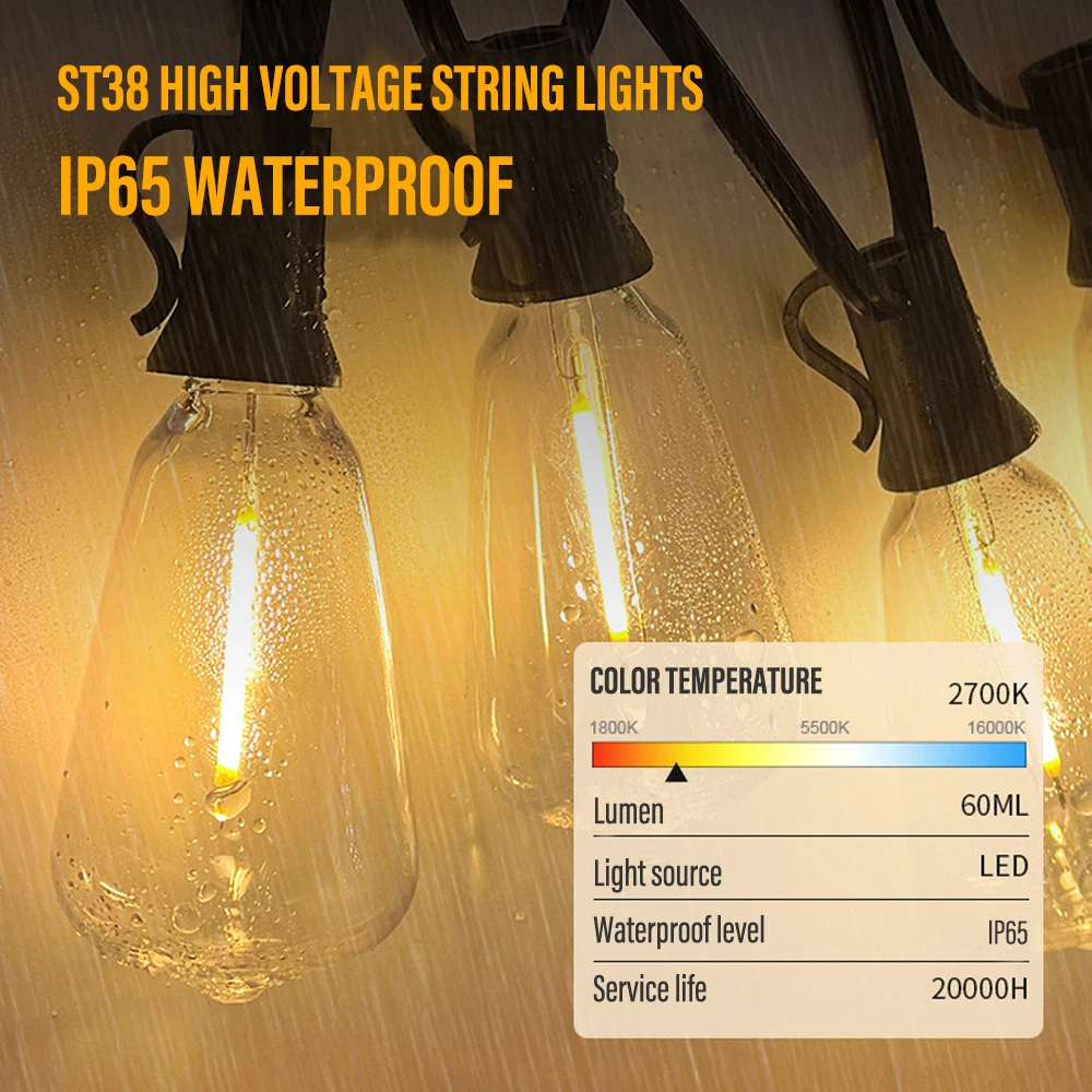 ST38 luci a stringa a LED per esterni luci a stringa Edison impermeabili per illuminazione decorativa per interni/esterni portico bistrot Cafe