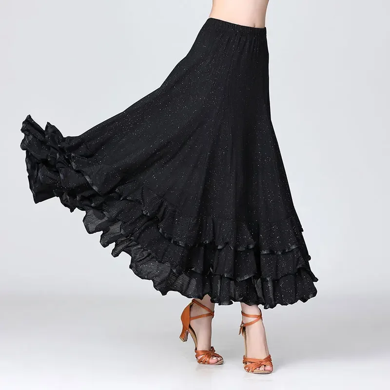 New Style Women Modern Dance Skirt Long Sequin Standard Big Swing Dance Costume Spanish Flamenco Ballroom Skirt Waltz Dance Wear