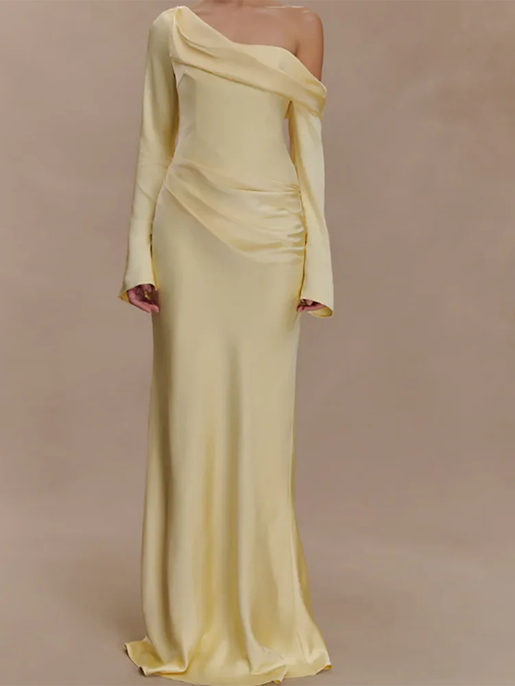 Abiti da sera formali dritti a maniche lunghe gialli classici con spalle scoperte Abiti da ballo di compleanno personalizzati