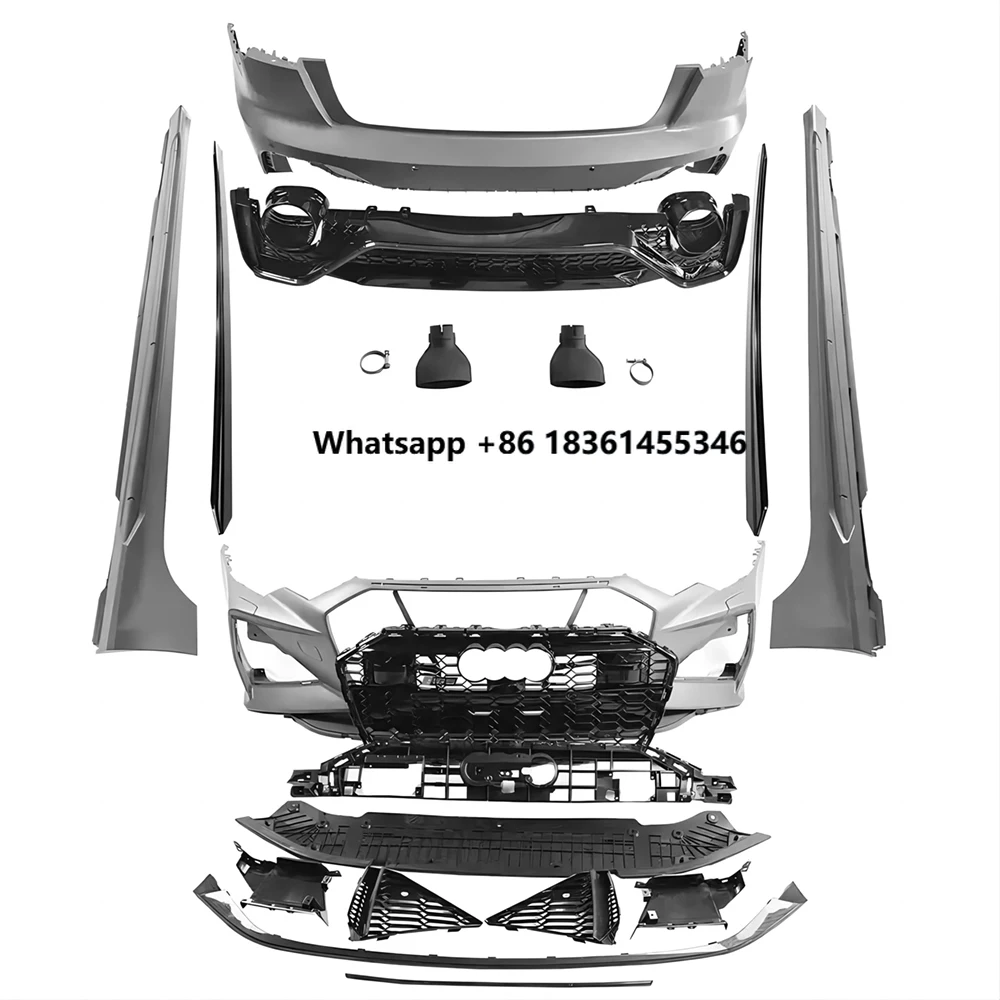 For A6 C8 19-23 Front Rear Bumper with Grill Lip Diffuser Muffler Tip Side Skirts Full RS6 Style Body Kit