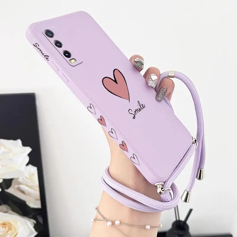 Big Red Heart Crossbody Lanyard Silicone Phone Case For VIVO Y20 Y20i Y20S Y22 Y35 Y30 Y33T Y76 Y15 Y21 V23 V23E V21 Cover