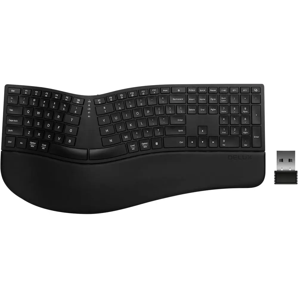 Ergonomic Wireless Keyboard with Cushioned Wrist Rest, Wave Keys, 2.4GHz & Bluetooth Connectivity, Full-Size Rechargeable for Wi