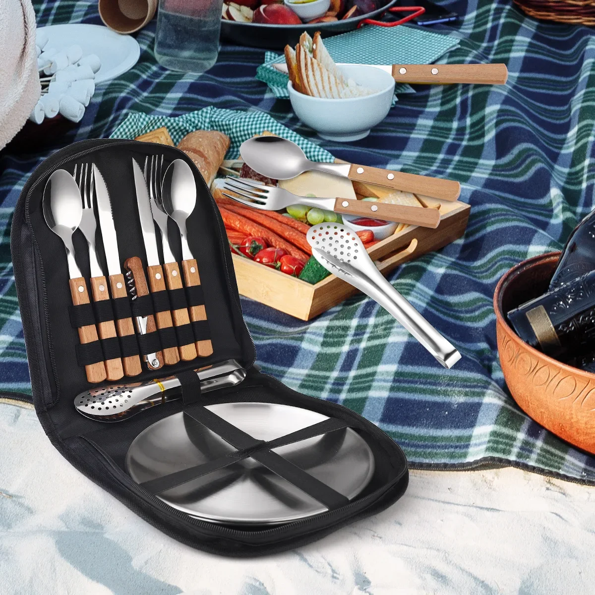 

Набор посуды из нержавеющей стали 304, портативная деревянная ручка, нож, вилка, ложка, студент, путешествия, креативная уличная тарелка X7D2V1