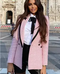 CNACNOO Women Elegant Pink Texture Double Breasted Tweed Blazer Long Sleeve Pockets Coats Female Fashion Streetwear Tops