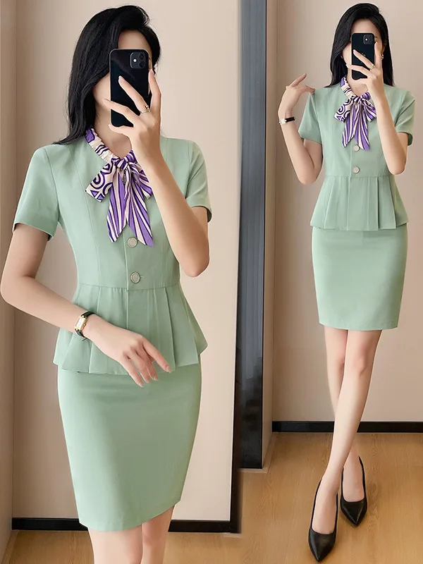 

Новый комплект униформы для персонала отеля: топ с коротким рукавом и короткая юбка, профессиональный женский костюм весна-лето 2026