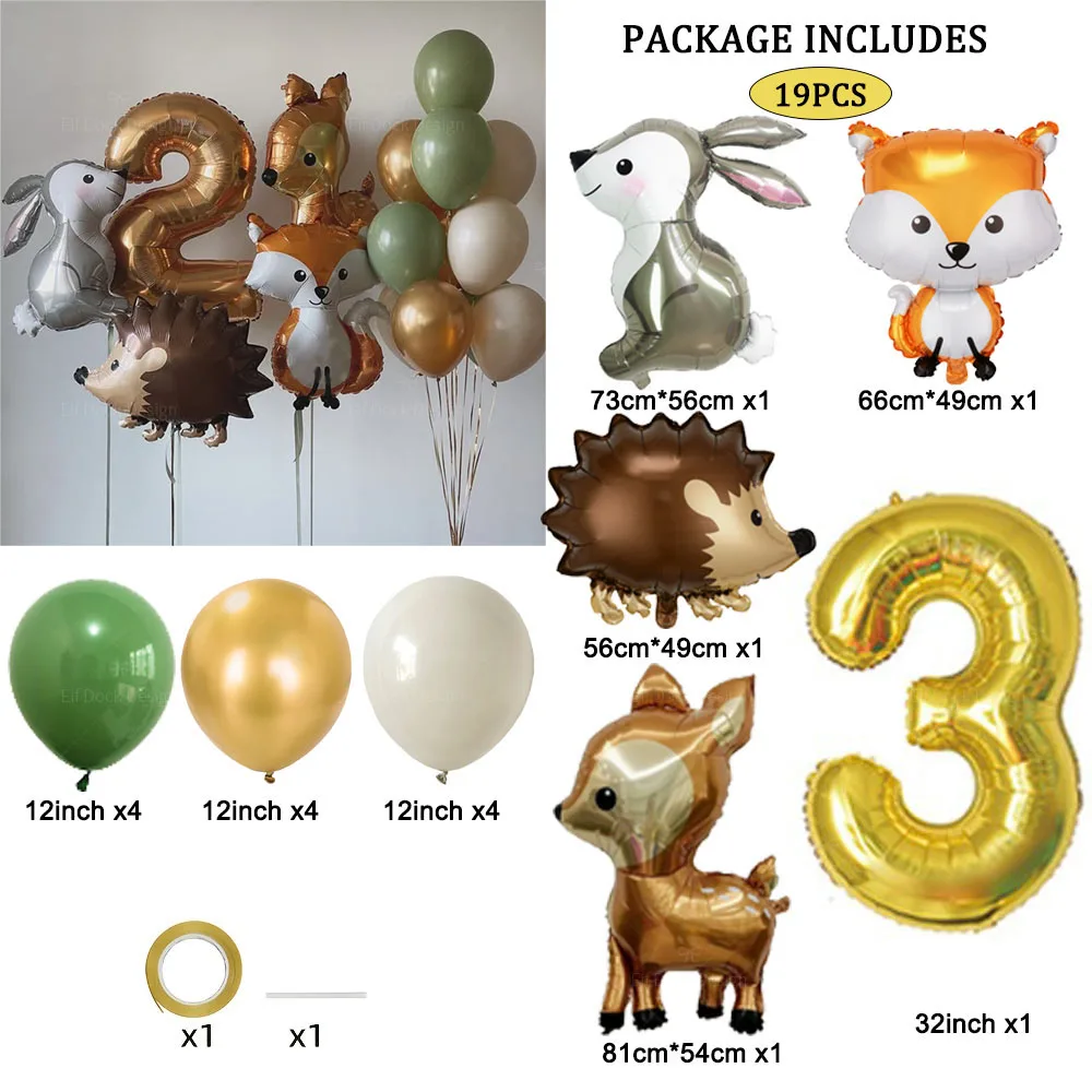 19 قطعة القنفذ الغزلان الثعلب أرنب بالون مجموعة الذهب عدد بالون الغابات الحيوان عيد ميلاد سعيد زينة الحفلات هدايا الاطفال