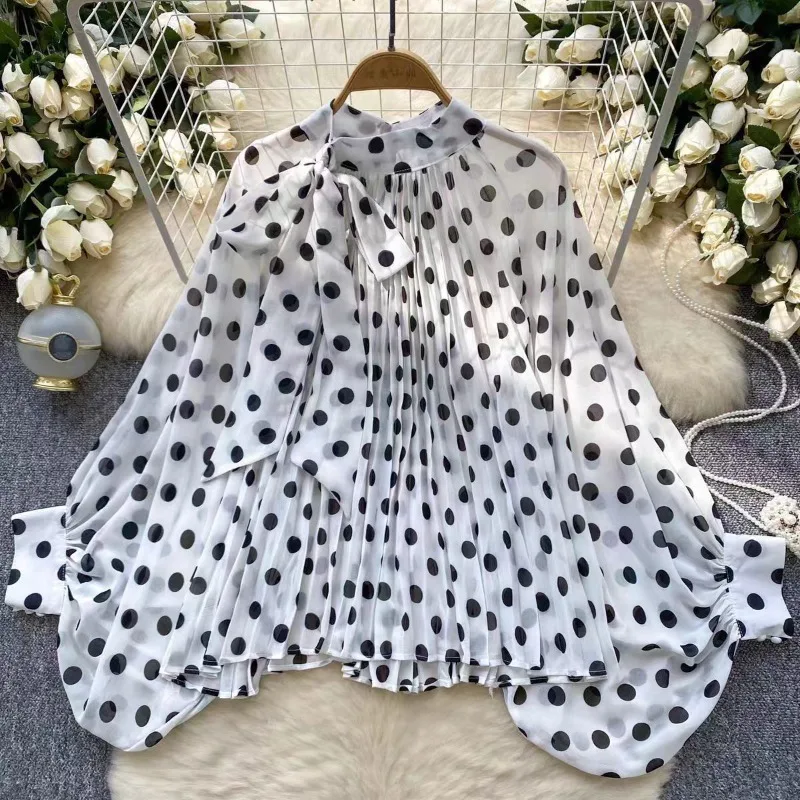 

Elegant Polka Dot Chiffon Blouses For Women Fashion Long Sleeve Lace-up New Shirt Female Spring Summer Loose Tops