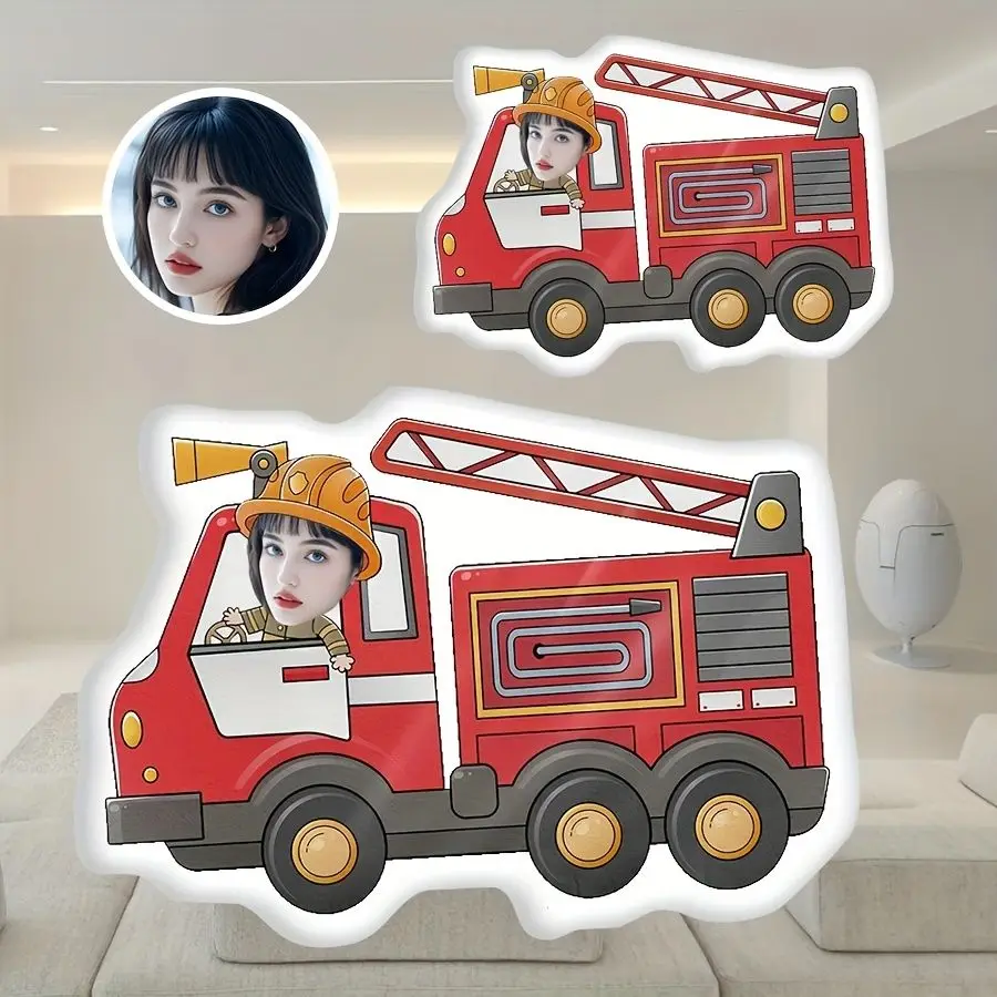 Cartoon Fire Truck Plush Pillow Personalized Facial Design, Soft Fabric Sofa Bed Decoration, Sports Fans' Birthday Christmas
