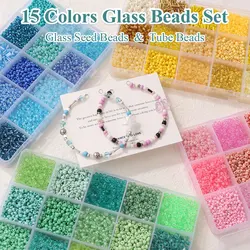15 Colors Glass Beads Set for Bracelet Making Spacer Loose Beads with Storage Box Tube Beads Kit for DIY Craft Necklace Charms