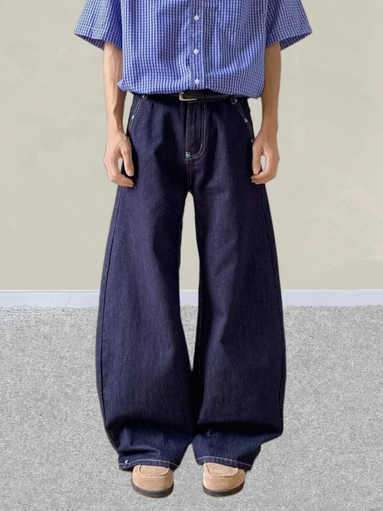 2025 사이버 Y2K 스트릿웨어 터키석 버튼 다크 블루 배기 청바지 남성 의류 스트레이트 데님 바지 팬츠