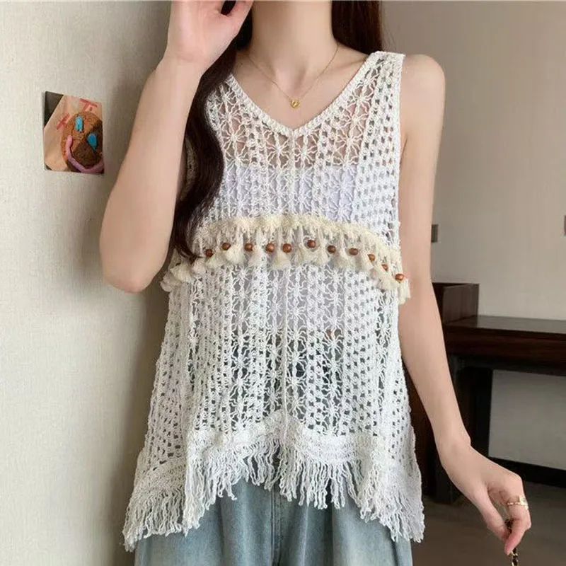 Boring Honey Jacquard Knitted Vest with National Style Women's Summer Design Sense Small Bohemian chic hollow Sleeveless Top