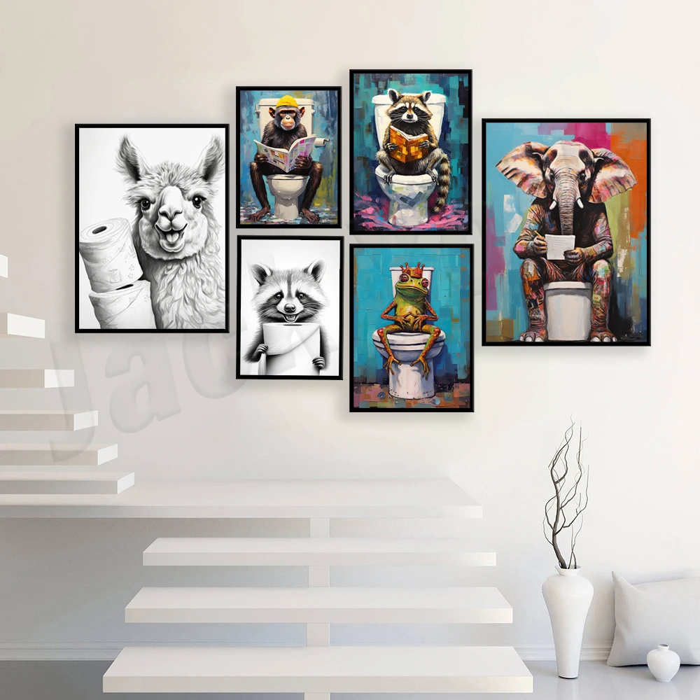 

Frog on toilet, black cat, monkey, elephant funny bathroom poster, camel, raccoon with toilet paper roll, toilet decoration