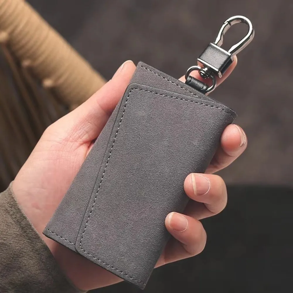 Fashion Mini Car Key Wallet Large Capacity Suede Leather Car Keychain Holder with Metal Hook Keyring Zipper Bag Men Women