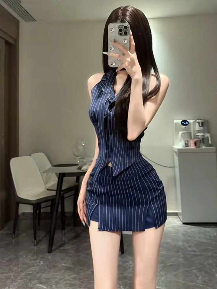 Pure desire spicy girl fashion set summer sexy slim fit Polo collar striped vest hip hugging half skirt two-piece set