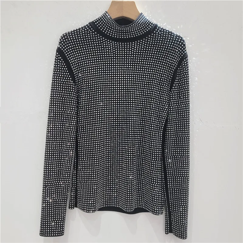 Women's Semi-turtleneck Hot Diamond Versatile Bottoming Shirt 2025 Autumn New Black Tight and Thin Inner Long-sleeved Tshirt Top