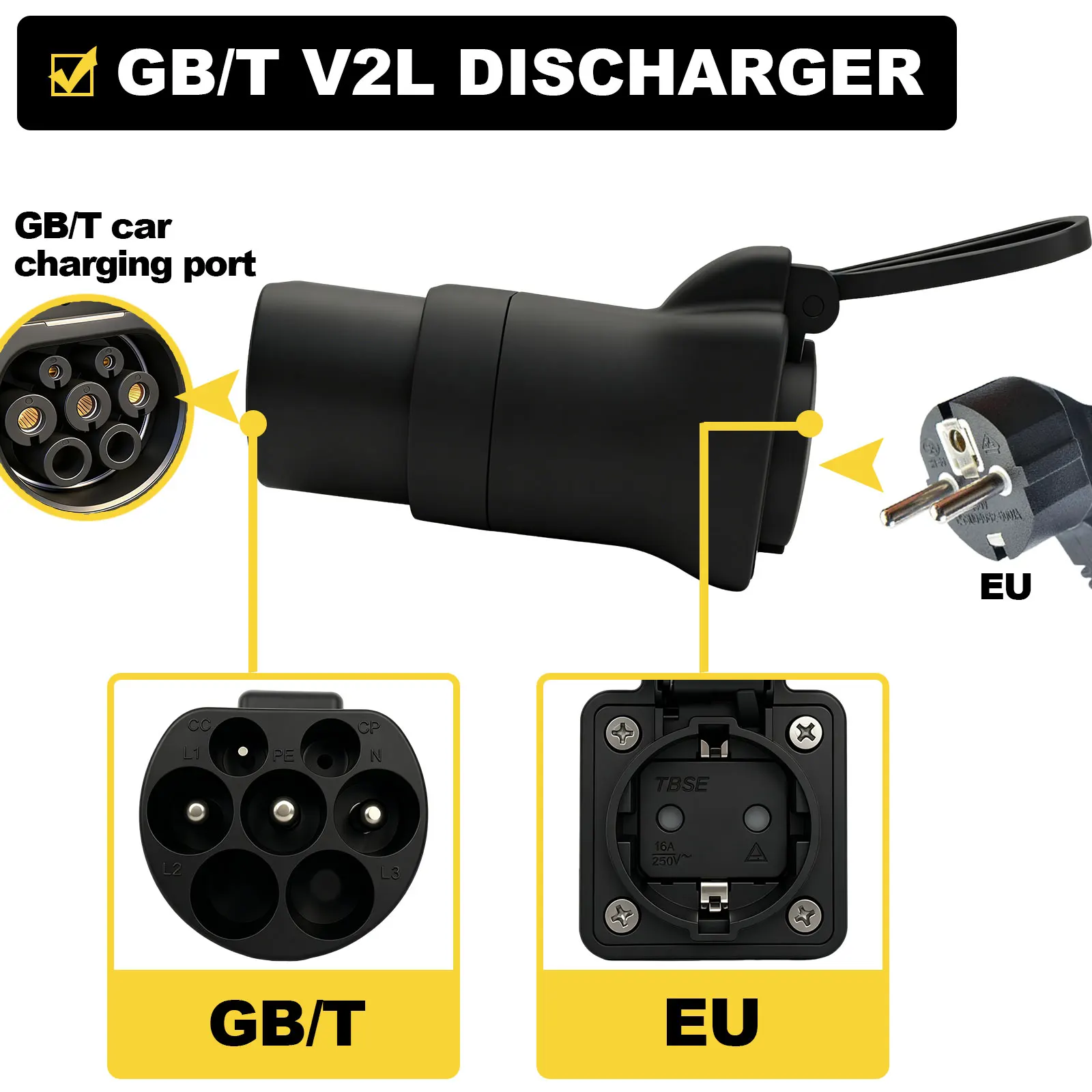 

GB/T EV Discharge Adapter for BYD Xiaomi Auto ZEEKR XPENG Li Auto GBT Need Support V2L Function for Camping Use