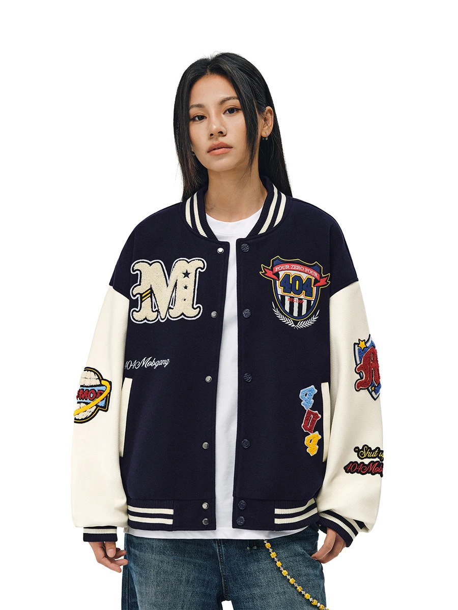 Cappotto da baseball americano retrò con ricamo pesante Jaet in pelle PU patchwork vestibilità ampia e cappotto invernale caldo Faion