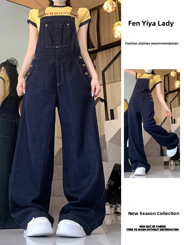 Retro Deep Blue Denim Overalls Women's Loose Floor-Length Pear ape Small Size High Waist Straight Leg Jumpsuit