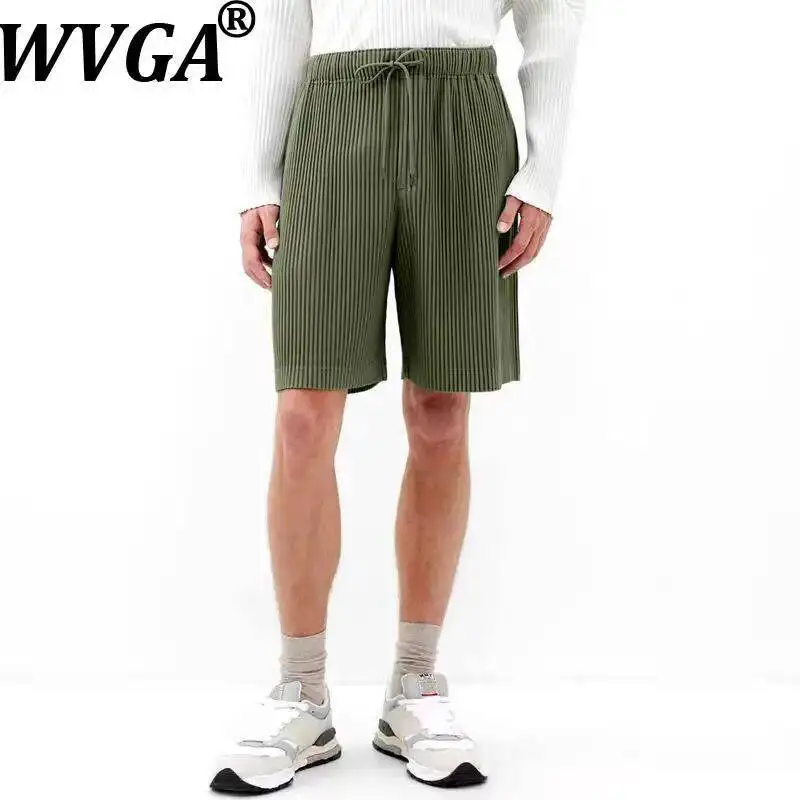 

WVGA Japanese Style Men's Pleated Shorts Drawstring Elastic Waist Drapey Knee Length Pants Loose Straight Bottoms Summer W24366