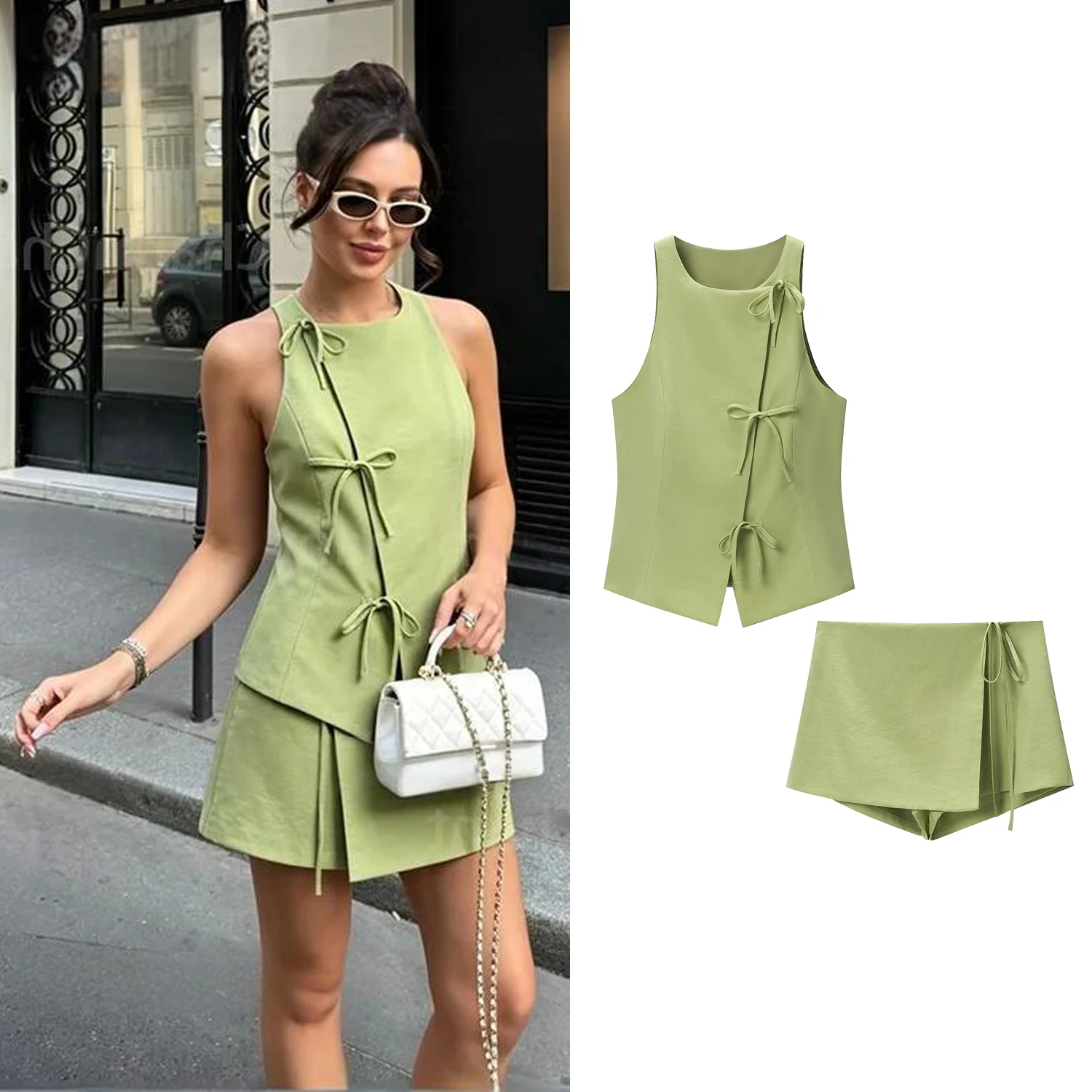 Conjuntos de chaleco y pantalones cortos de verano para mujer, chaleco halter con lazo a la moda o mini shorts para dama, conjuntos bonitos y a la moda para mujer