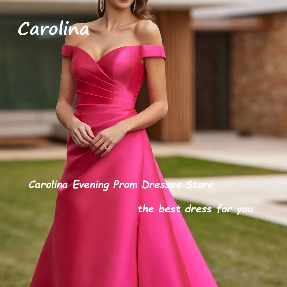 Carolina Simple Fuchsia Off The Shoulder Evening Dresses for Women Satin Floor-Length 2024 Side Split Formal Party Gowns