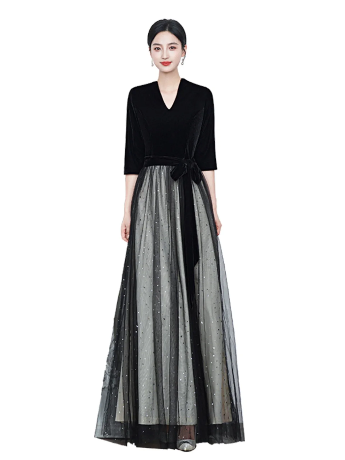 ชุดกระโปรงยาวสำหรับผู้หญิงปี 2024 สำหรับการแสดงเดี่ยว ชุดนักประสานเสียงผู้ใหญ่ ชุดแสดงบนเวที ดีไซน์ทันสมัย คอวีลึก ผ้าแก้ว...