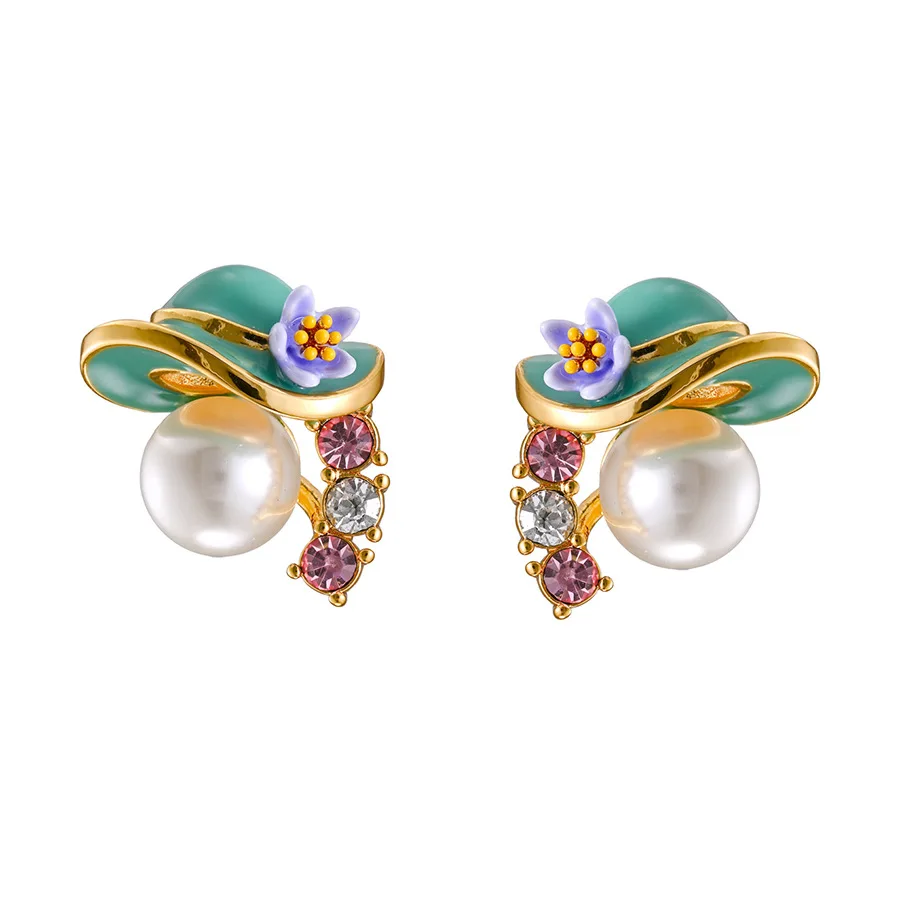 

New Arrival Fashion High-end Enamel Glaze Green Hat Pink Gemstone White Glass Pearl Purple Flower Boho Style Earrings for Women