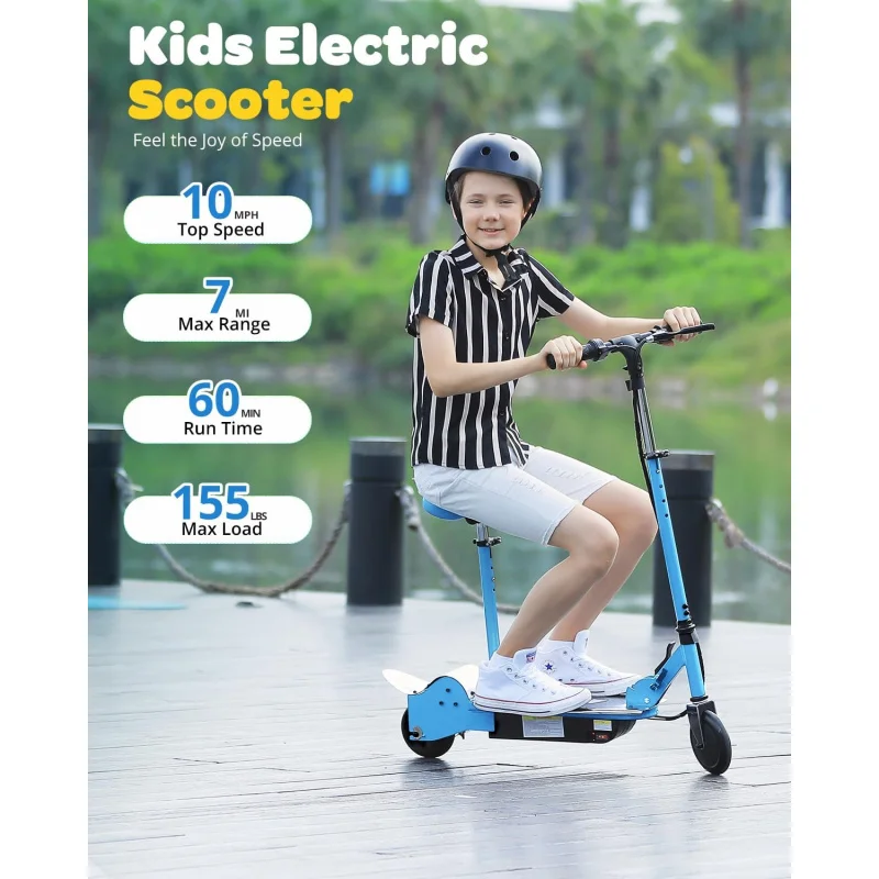 Scooter elettrico E120 con per bambini dai 6 ai 12 anni, 60 minuti di durata della batteria, sedile rimovibile 2 stili di guida, carico massimo di 155 libbre