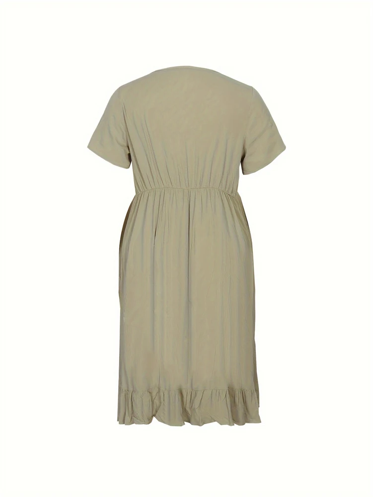 Plus rozmiar damska letnia klasyczna, zwykła sukienka na co dzień z guzikami elegancka sukienka plażowa do kolan, dekolt w kształcie litery V, z krótkim rękawem