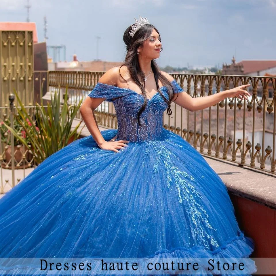 Azul brilhante tule quinceanera vestidos de baile 2025 babados lantejoulas apliques doce 16 vestido personalizado vestidos de 15 anos