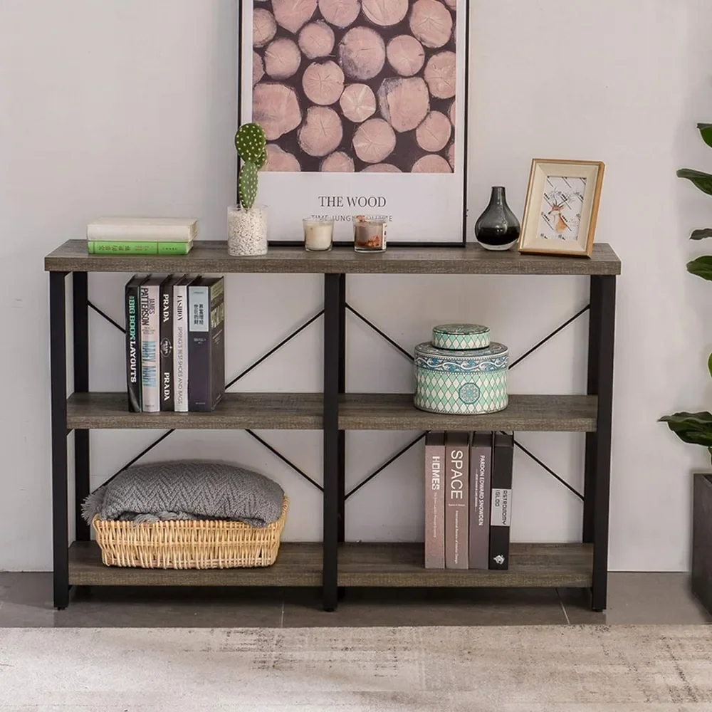 Foyer Tables for Entryway, Rustic Narrow Console Table for Living Room, 3-Tier Industrial Sofa Table,  39 Inch Gray Oak