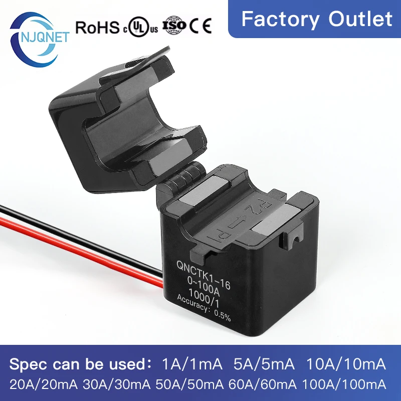 Split Core Current Transformer QNCTK1-16 1000 1 2000 3000 4000 5000 100A 50mA 100A 40mA 33.33mA Clamp CT Current Sensor