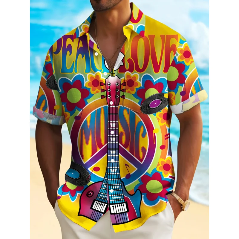 

Retro Musical Pattern 3D Digital Print, Men's Trendy Plus Size Short Sleeve Button Up Lapel Shirt, Men's Casual Shirts For Daily