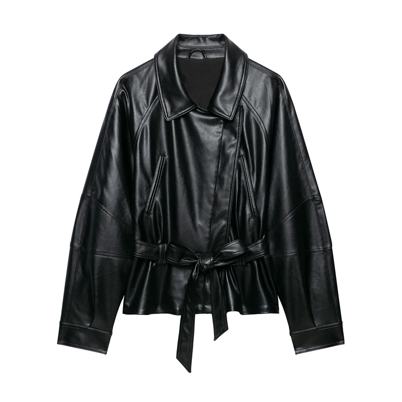 Guobioziy 2026 Early Autumn Women Moto Biker Jacket Lapel Collar Waist Tie Belt Diagonal Front Long Sleeve Casual Fashion Coat