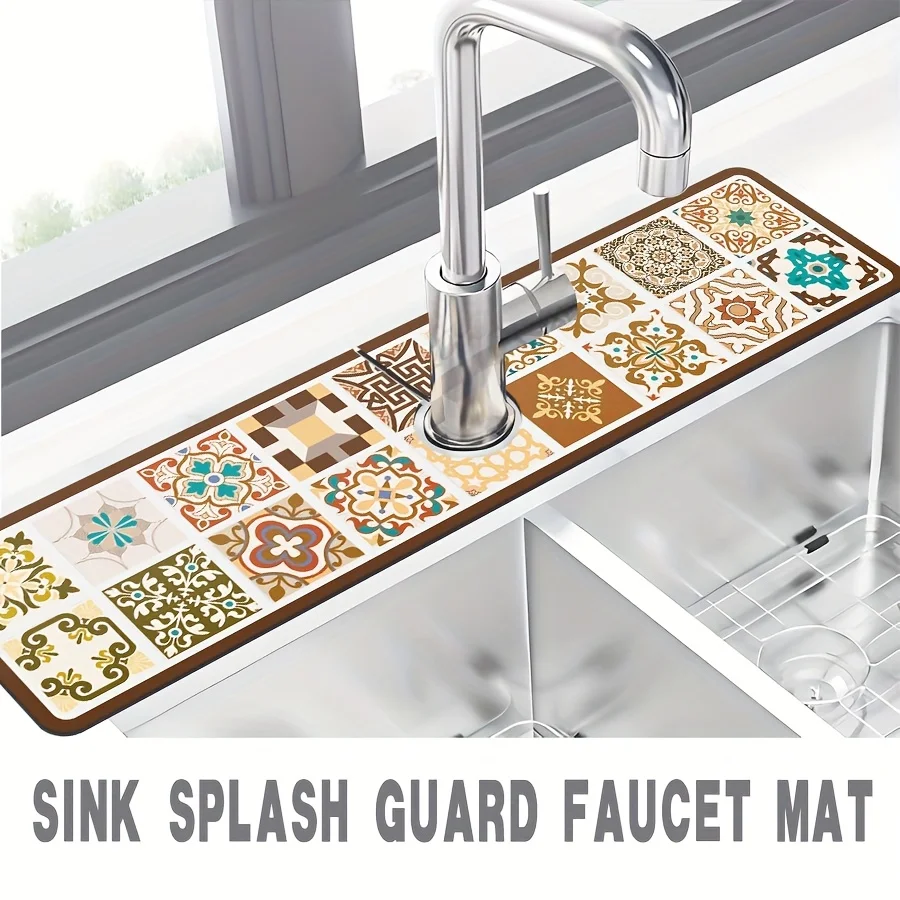 Bohemian Geometric Floral Vintage Art Themed Faucet Absorbent Mat for Kitchen Sink Drying Mat  Dish Drying Mat Counter Mat