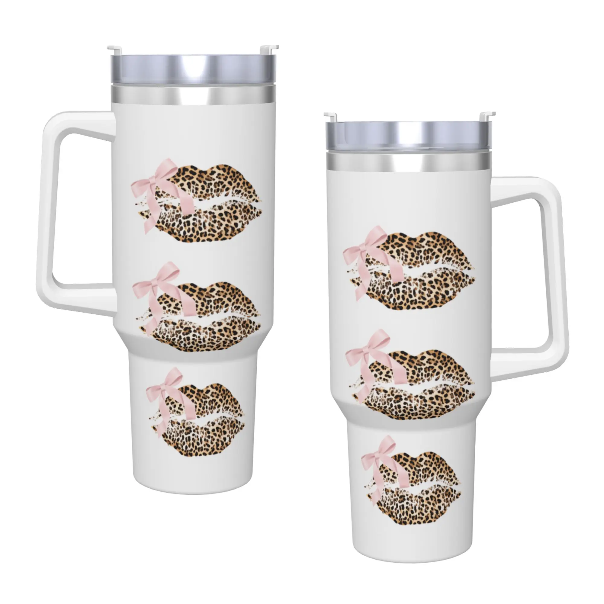 Leopard & Card Print Stainless Steel Tumbler  Travel Coffee Mug With Straws and Lid Large Mugs Cup Hot Drinks Water Bottle