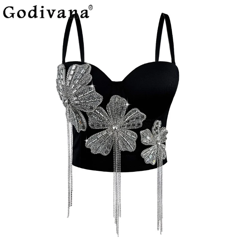 

Heavy Industry Three-dimensional Flower Diamond Tassel Fish Bone Bra Vest Summer Sexy Fashion Slim Street Suspender Short Top