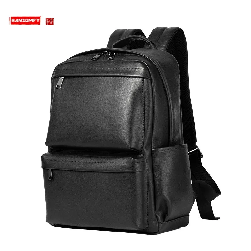 Genuine Leather Fashion Men Backpack First Layer Cowhide Computer Bag Travel Backpacks Multi-Functional Schoolbag Soft Black