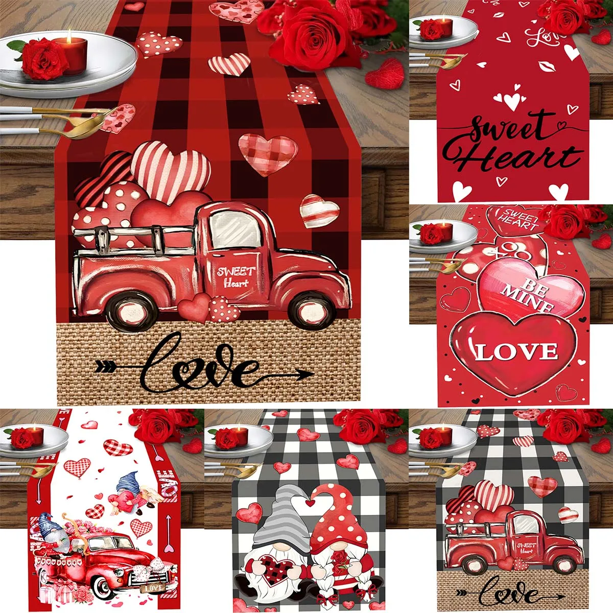 Valentine's Day Table Runner, 35*180cm Polyester Love Heart Pattern Table Flag For Home Room Dining Kitchen Wedding Table Decor