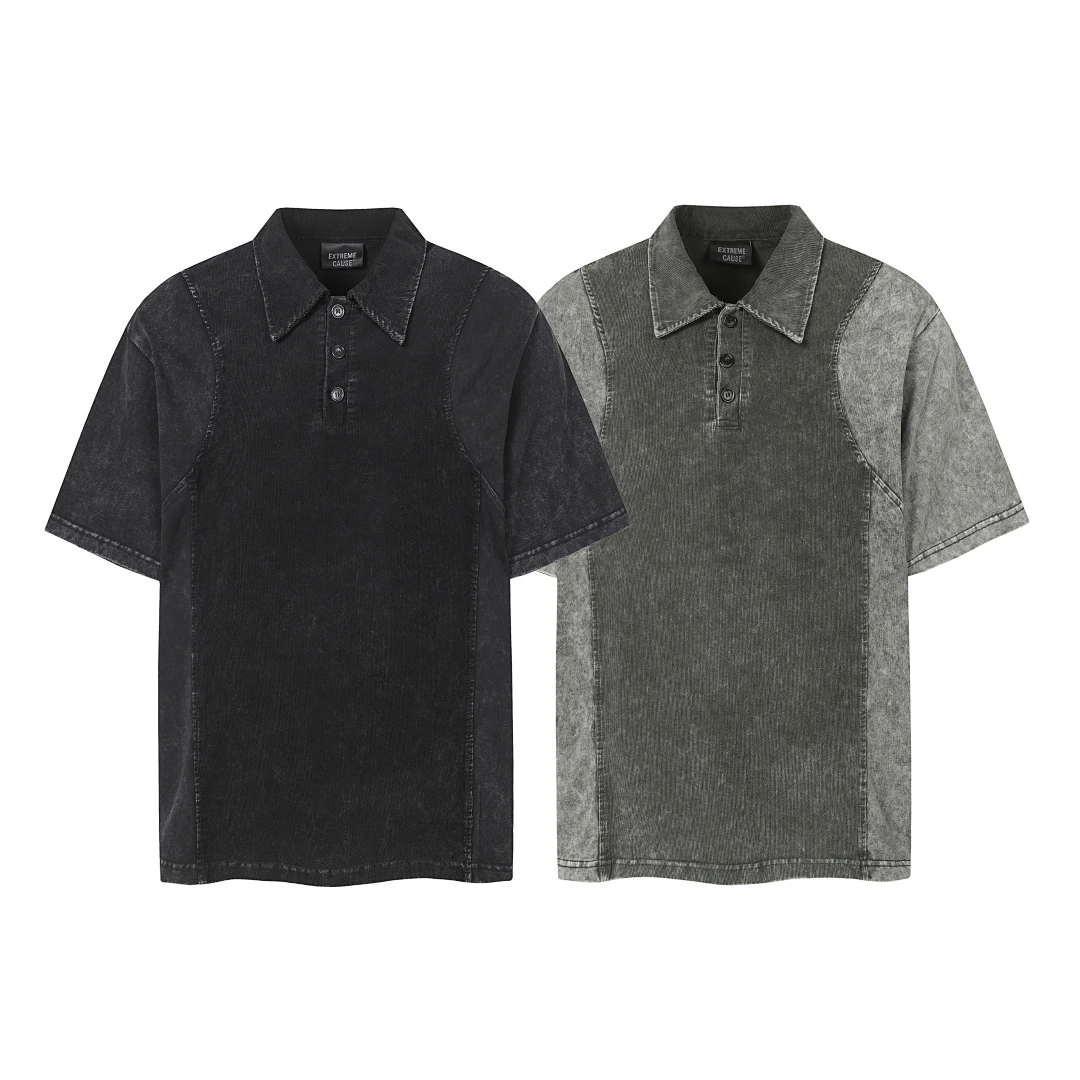 American Retro Deconstructed Splicing Polo Short Sleeve T Shirt Men Women Summer Loose Street Heavyweight Casual Tops