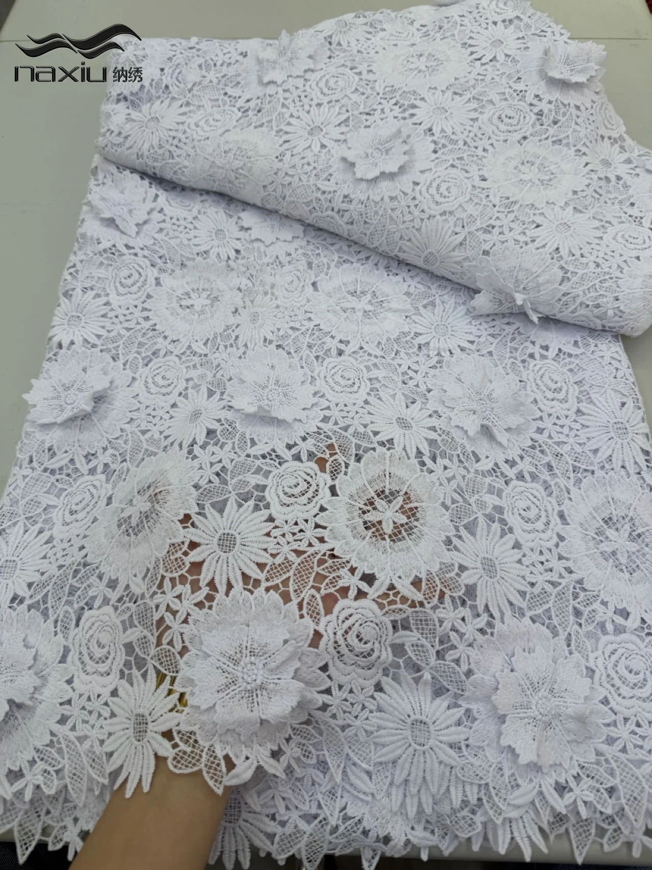 

Madison White African 3D Applique Embroider Guipure Cord Lace Fabric High Quality Nigerian Guipure Cord Lace for Wedding Dress