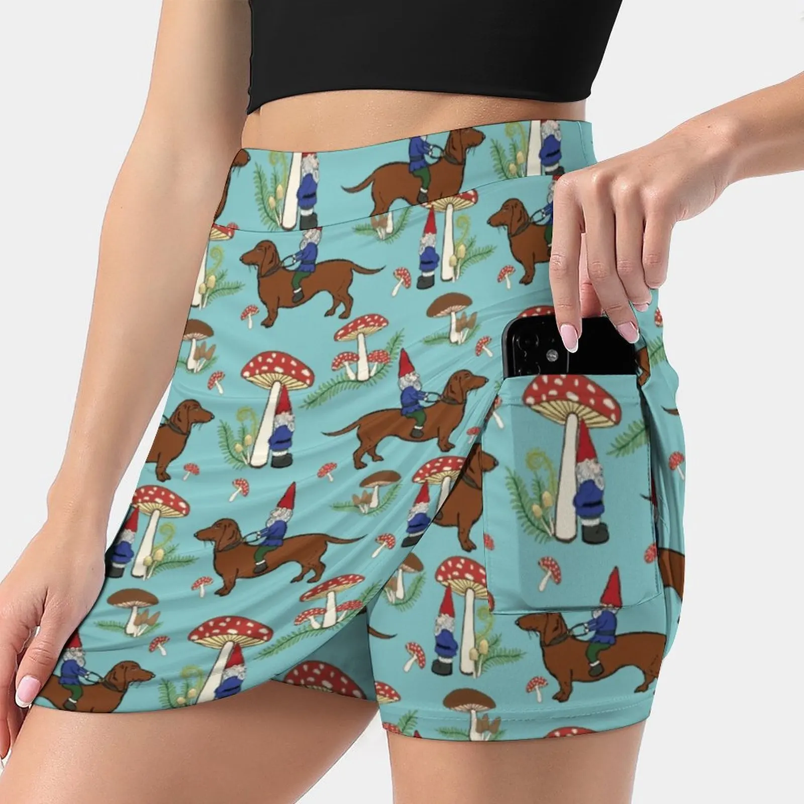 Gnome And Dachshund In Mushroom Land , Turquoise Blue Women's skirt Mini Skirts A Line Skirt With Hide Pocket Gnomeanddachshund