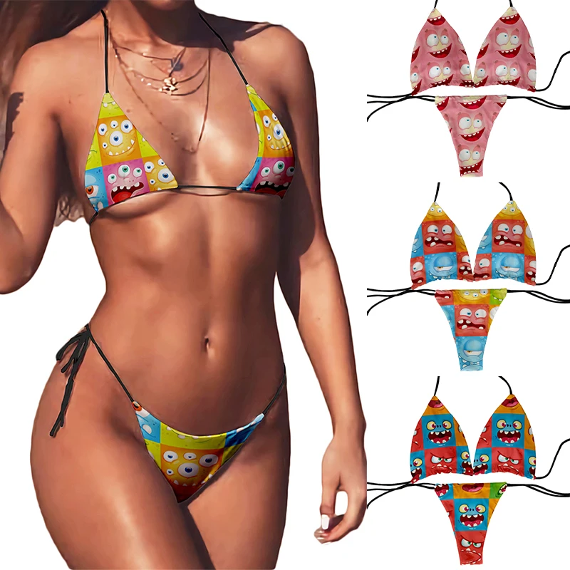 

2023 New Bikini Set Cute Yellow Swimsuit Cartoon Print Fashion Sweet Women's Swimsuit Deep V Summer Beachwear Party Bikini Set