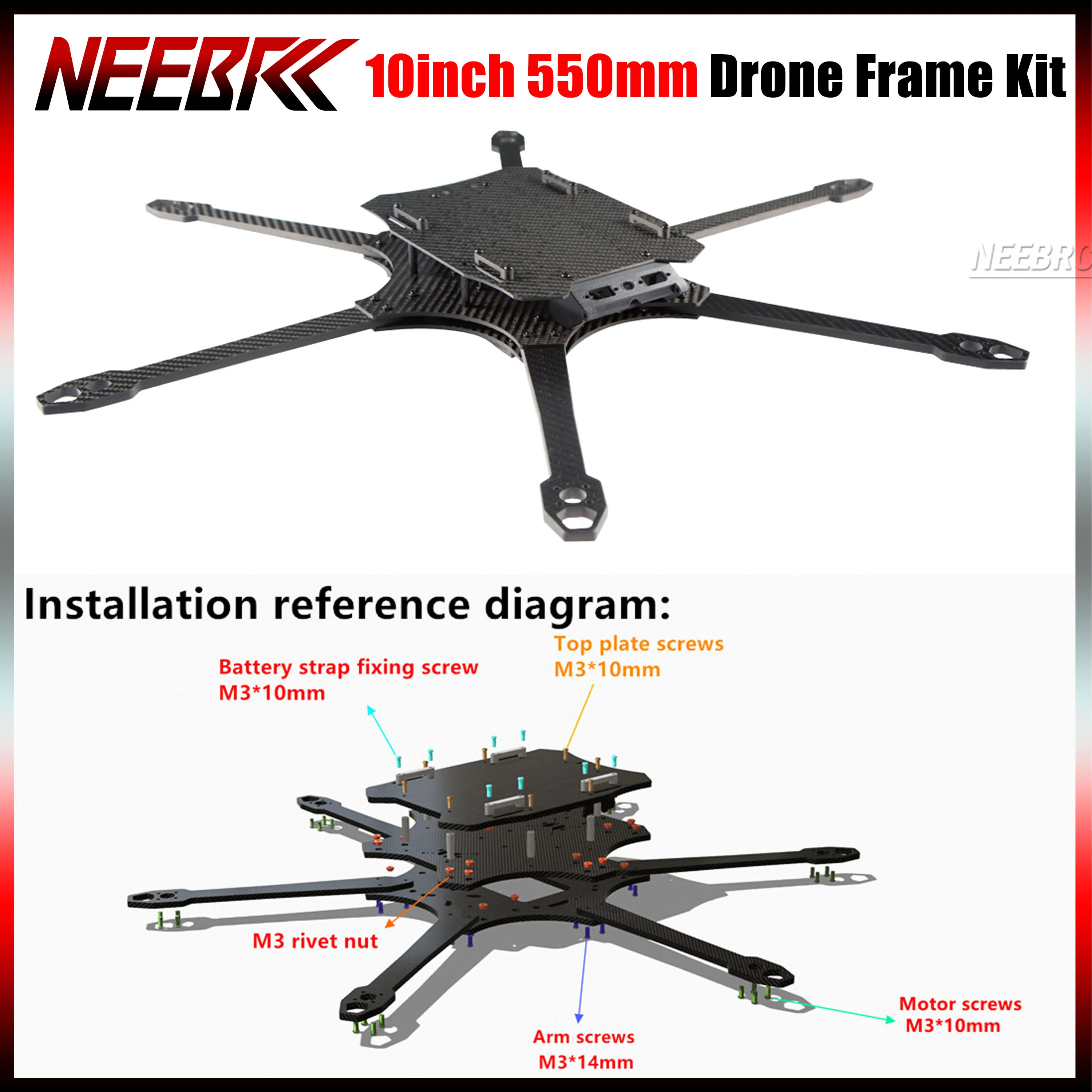 

NEEBRC 10inch FPV Frame Kit 550mm Wheelbase 5mm Arm Carbon Fiber for RC Freestyle Long Range Drone Six Axis 3115 Motor 80A ESC