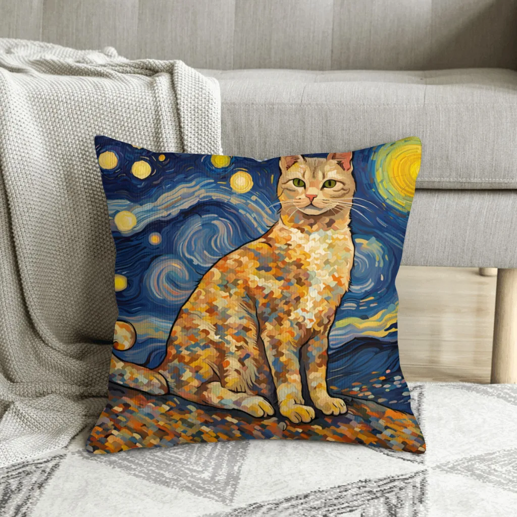 

A Cat in The Starry Night Polyester Cushion Cover For Sofa Car Decorative Washable Hug Pillowcase