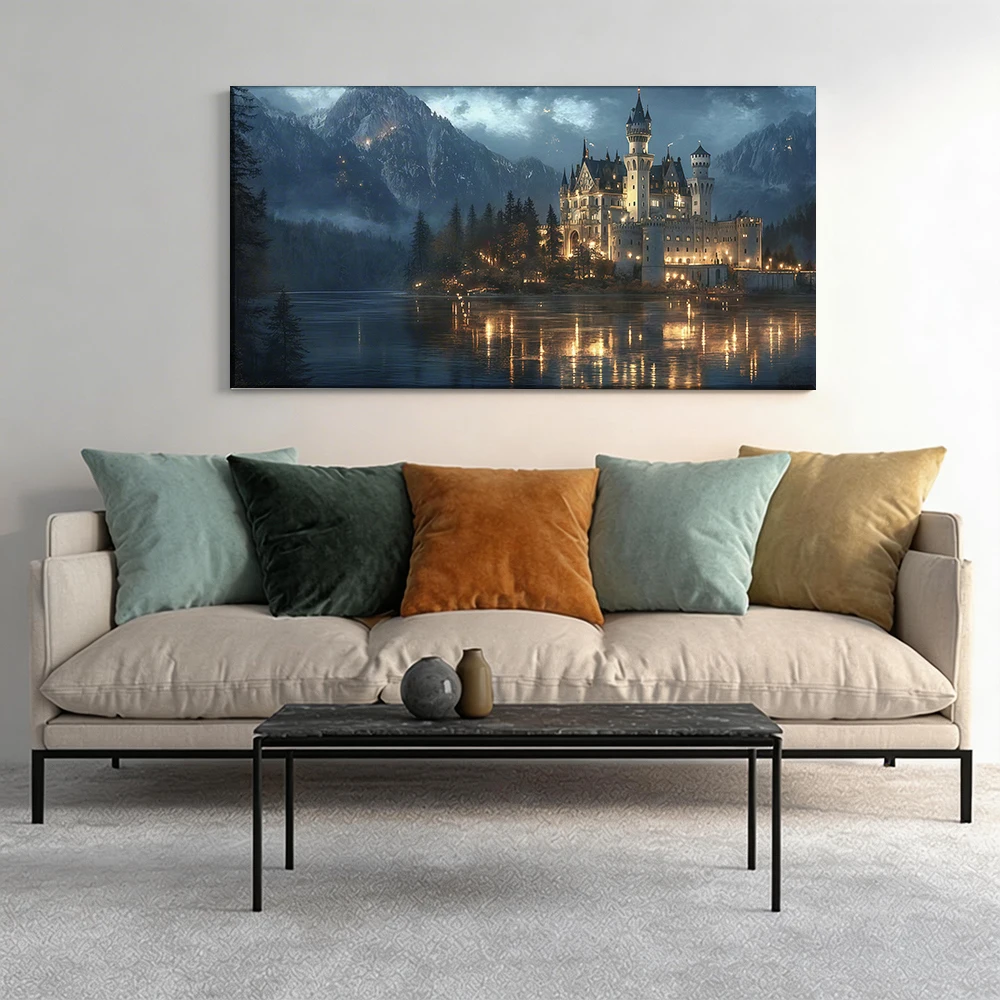 

1pcwooden frame canvas decorative painting Castle by lake, mountains, dusk.Corridor, Living Room Decoration