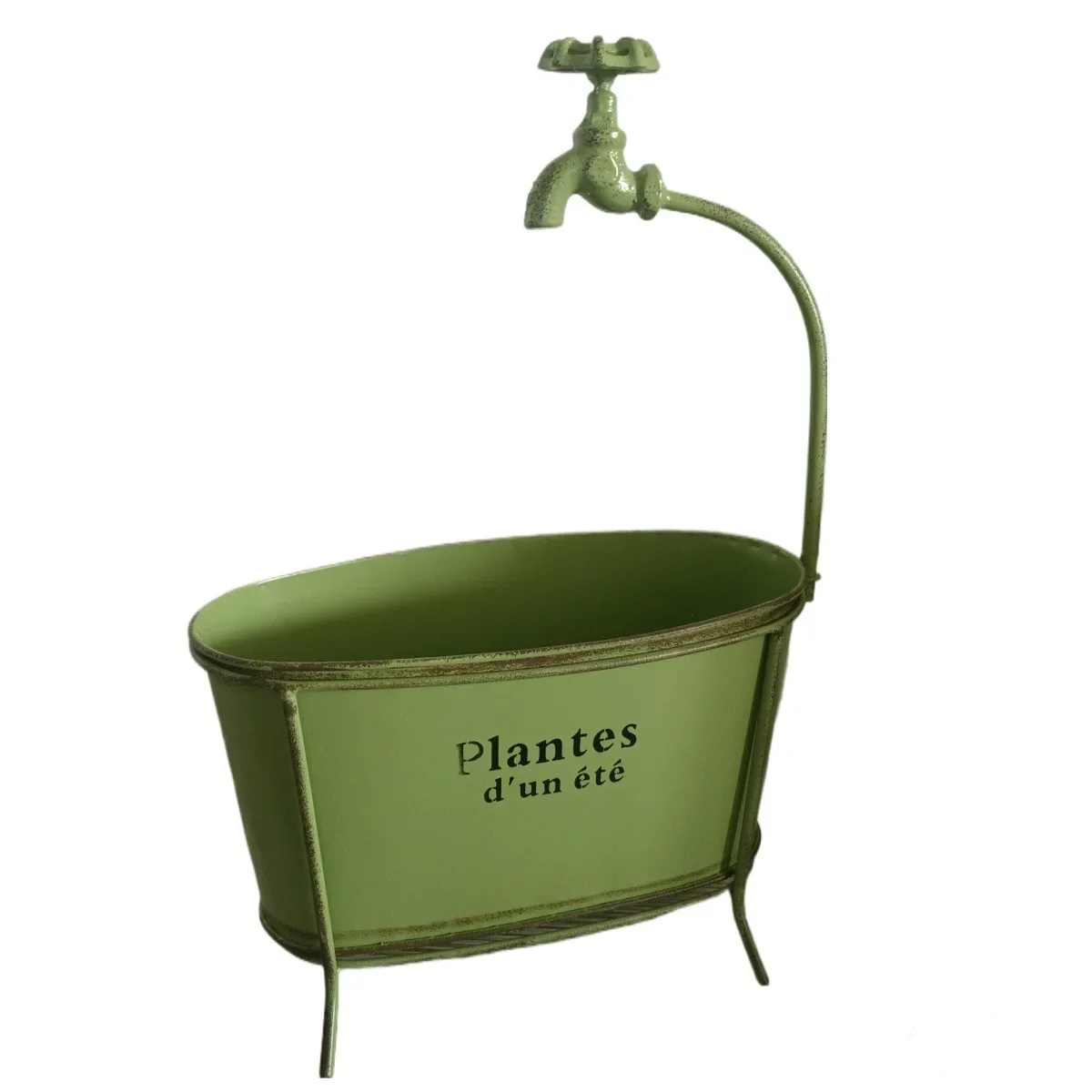 Oval Iron Flower Pot with Faucet Design, Detachable Stand