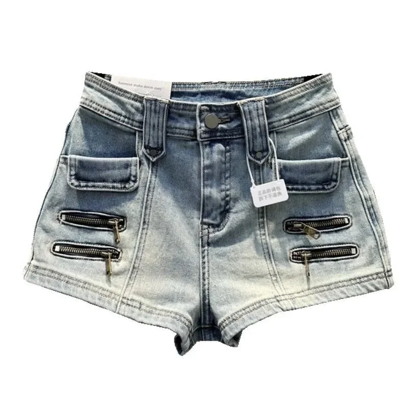 

Women's Retro High Waist Denim Shorts Zipper Design Slim Casual Short Jeans