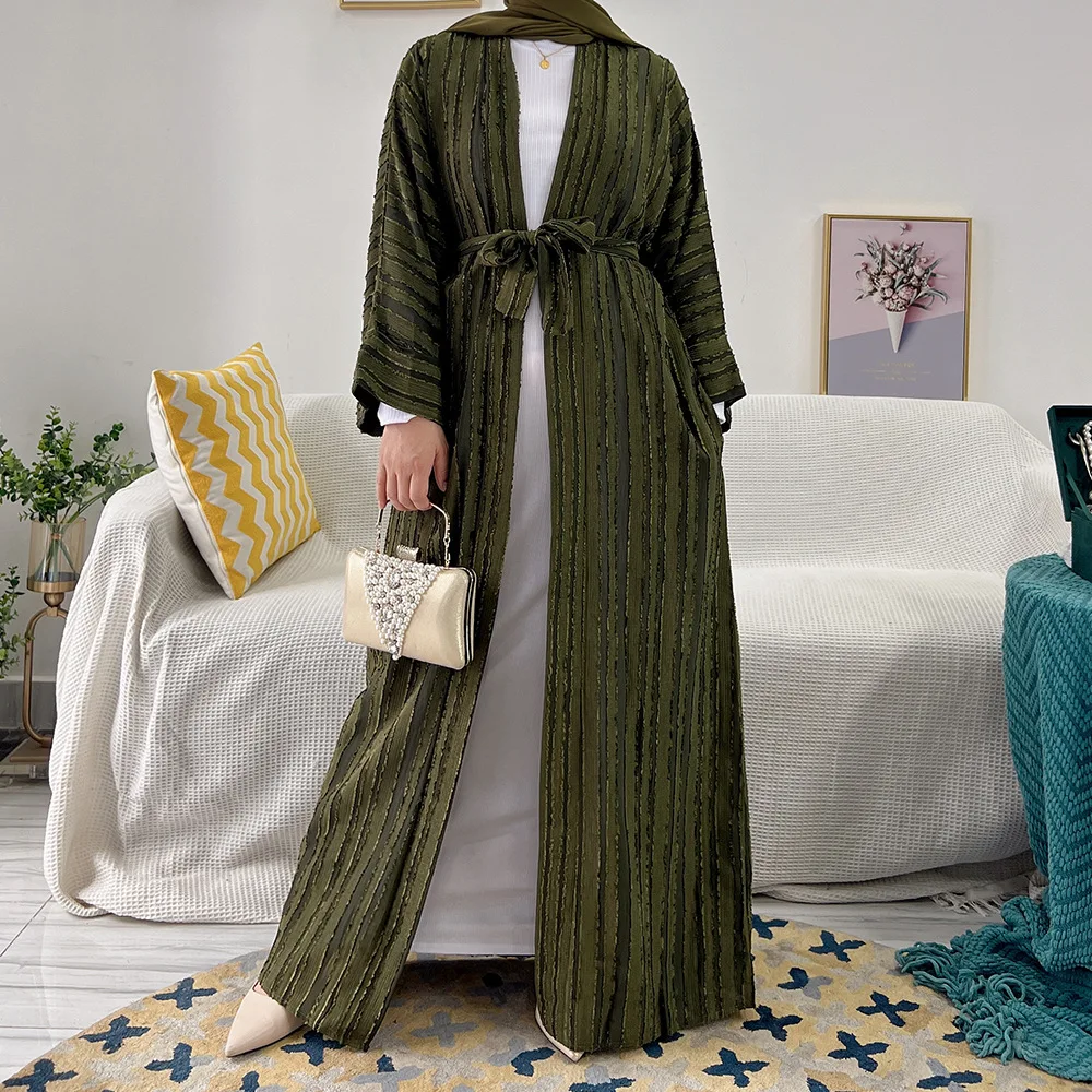 Middle Eastern Striped Kaftan Muslim Kimono Abaya Retro Ethnic Cardigan Robe Dubai Saudi Arabia Eid Clothes Belted Dress Pockets