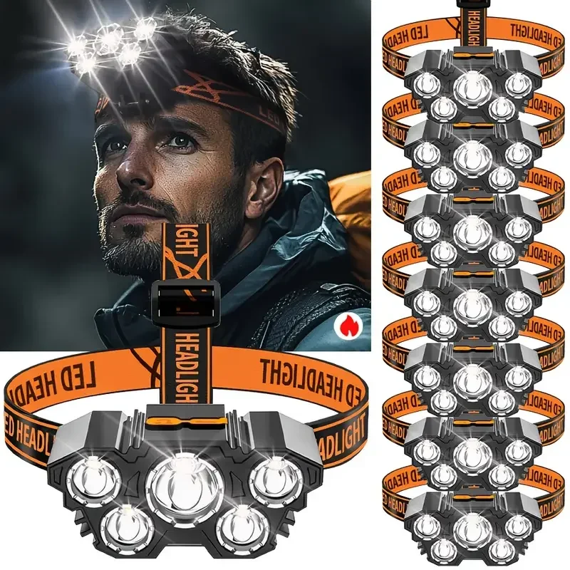Lampe frontale extérieure portative 5LED avec batterie intégrée, Rechargeable, lampe frontale de travail pour voyager, Camping, pêche, chasse